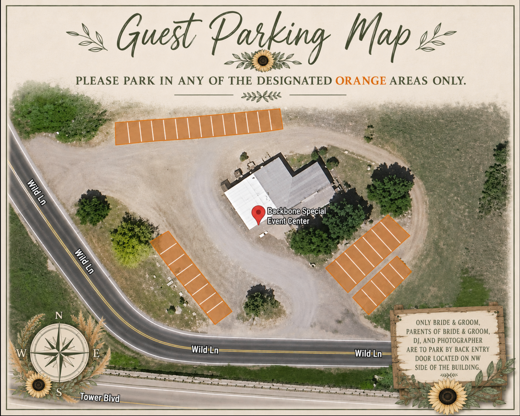 Guest parking map for Backbone Special Event Center showing designated orange parking areas along Wild Lane