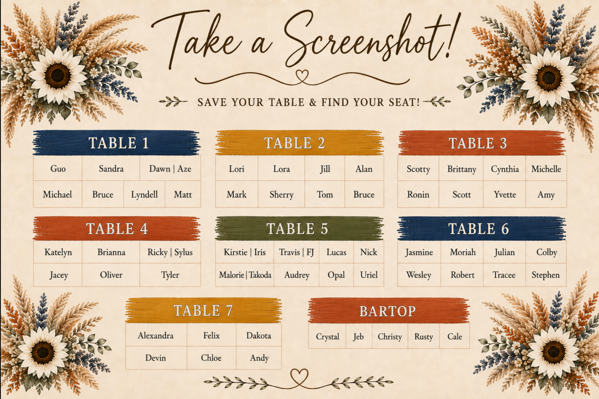 Wedding reception seating arrangement showing Tables 1 through 7 and the Bartop guest assignments